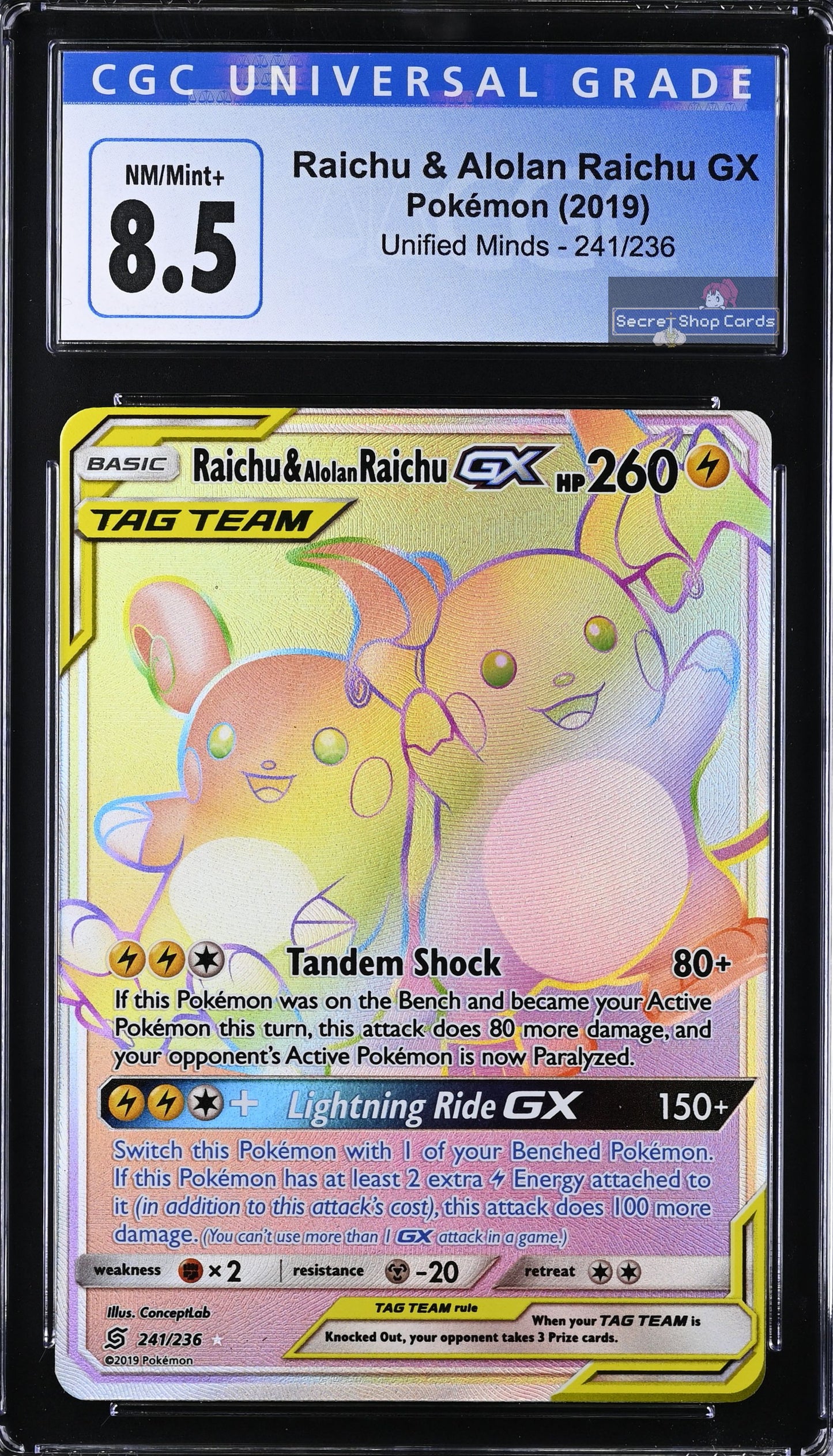 CGC 8.5 Raichu & Alolan Raichu GX 241/236 Unified Minds 2019 English Pokemon